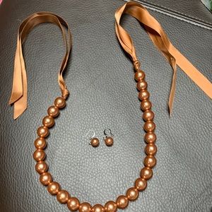 Gold Bead Necklace and Earrings with Ribbon Ties